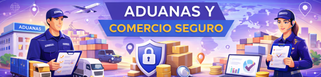 Ilustración conceptual sobre seguridad aduanera que muestra a dos oficiales revisando documentos, un escudo con un candado, transporte de carga y el texto "Aduanas y Comercio Seguro".