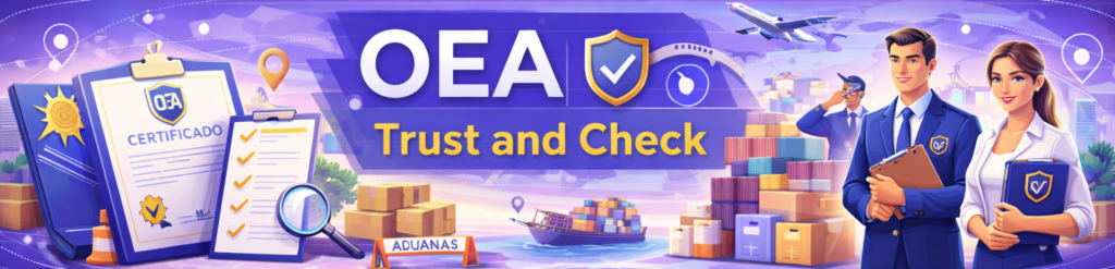 Ilustración conceptual sobre el programa OEA (Operador Económico Autorizado) "Trust and Check", que muestra a dos profesionales de aduanas, un certificado sellado, un buque de carga y un avión.