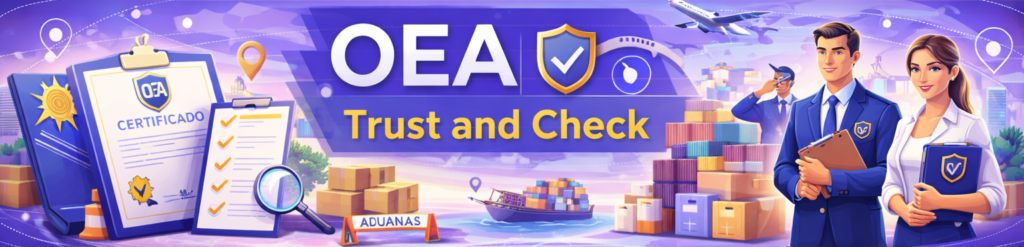 Il·lustració conceptual sobre el programa OEA (Operador Econòmic Autoritzat) "Trust and Check", que mostra dos professionals de duanes, un certificat segellat, un vaixell de càrrega i un avió.