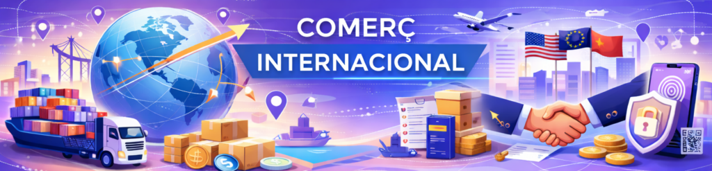 Il·lustració conceptual de comerç internacional amb un globus terraqüi, camió de càrrega, vaixell, avió, encaixada de mans entre empresaris, banderes dels EUA, la UE i la Xina, i un telèfon intel·ligent amb un candat de seguretat.