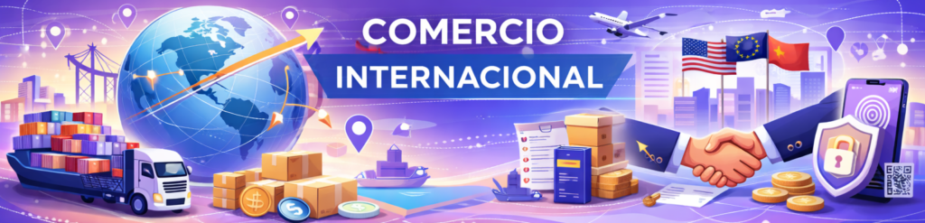 Ilustración conceptual de comercio internacional con un globo terráqueo, camión de carga, buque, avión, apretón de manos entre empresarios, banderas de EE. UU., la UE y China, y un smartphone con un candado de seguridad.