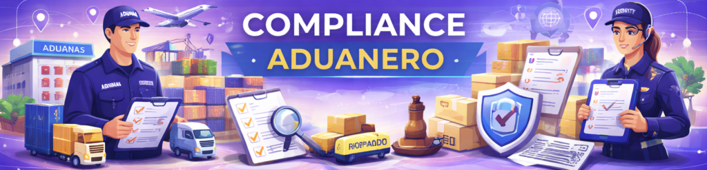 Ilustración conceptual sobre cumplimiento aduanero que muestra a oficiales de aduanas, transporte de carga, listas de verificación, un escudo de seguridad y un mapa global logístico.