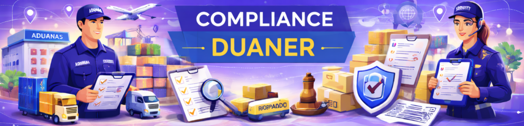 Il·lustració conceptual sobre compliment duaner que mostra oficials de duanes, transport de càrrega, llistes de verificació, un escut de seguretat i un mapa global logístic.