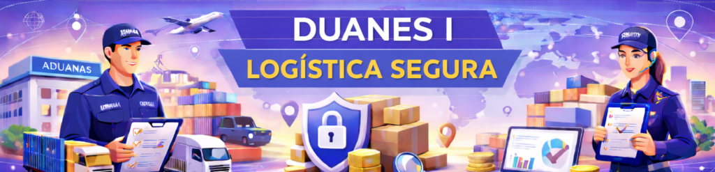 Il·lustració conceptual sobre seguretat duanera que mostra dos oficials revisant documents, un escut amb un cadenat, transport de càrrega i el text "Aduanas y Comercio Seguro".