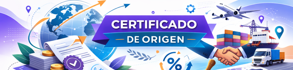 Ilustración conceptual sobre el certificado de origen en el comercio exterior que muestra un documento oficial sellado, un globo terráqueo, un apretón de manos y diversos medios de transporte logístico.