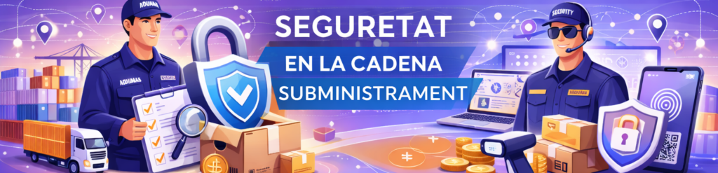 Il·lustració conceptual sobre la seguretat en la cadena de subministrament que mostra un oficial de duanes, un guàrdia de seguretat, un gran cadenat, mercaderies i eines de control tecnològic.