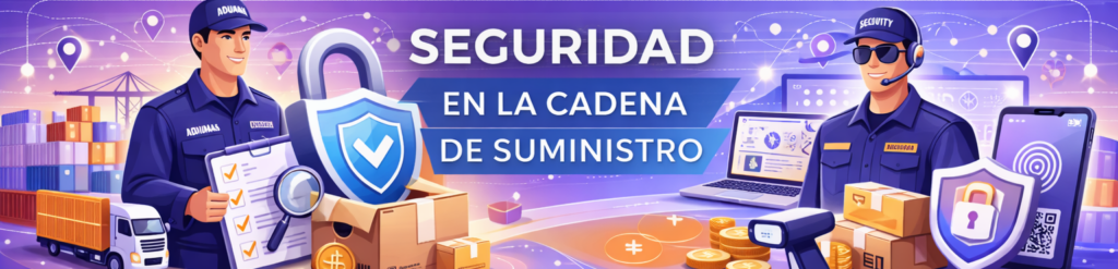 Ilustración conceptual sobre la seguridad en la cadena de suministro que muestra a un oficial de aduanas, un guardia de seguridad, un gran candado, mercancías y herramientas de control tecnológico.