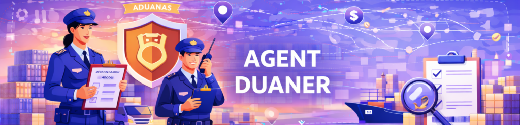 Il·lustració conceptual sobre el paper de l'agent duaner que mostra dos oficials, un escut de seguretat, un mapa de rutes globals i un vaixell de càrrega.