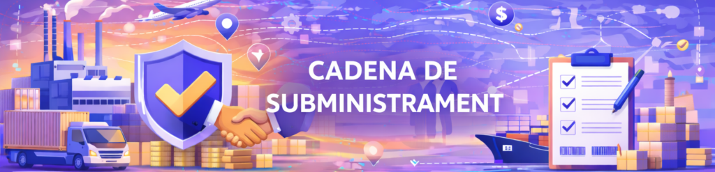 Il·lustració conceptual sobre la cadena de subministrament global que mostra una fàbrica, transport terrestre, marítim i aeri, juntament amb una encaixada de mans i una llista de verificació.