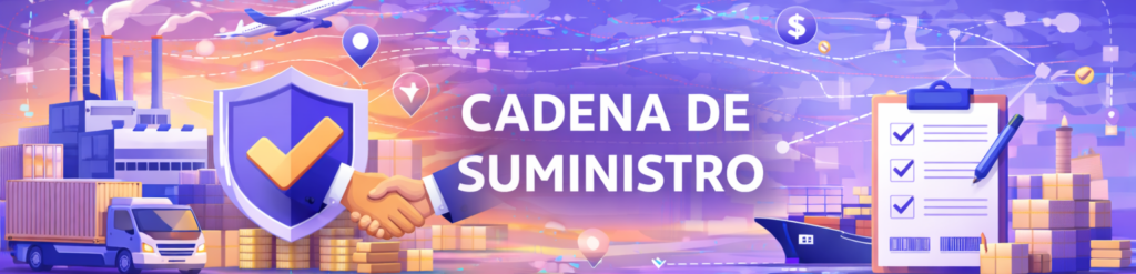 Ilustración conceptual sobre la cadena de suministro global que muestra una fábrica, transporte terrestre, marítimo y aéreo, junto con un apretón de manos y una lista de verificación.