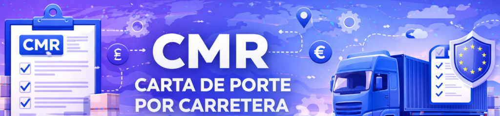 Bàner sobre CMR, carta de port per carretera, amb camió de transport, document CMR i rutes logístiques europees.