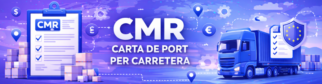 Bàner sobre CMR, carta de port per carretera, amb camió de transport, document CMR i rutes logístiques europees.