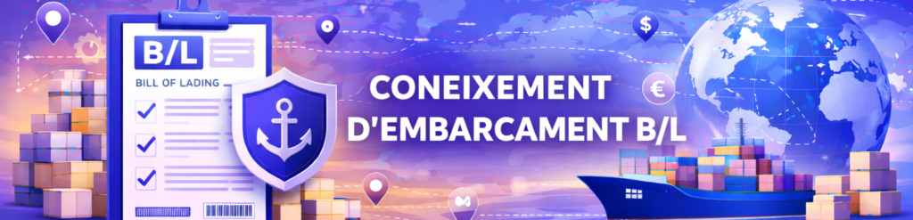 Il·lustració conceptual sobre comerç internacional que mostra un document de "Coneixement de d'Embarcament B/L", un vaixell portacontenidors, un globus terraqüi i símbols de moneda.