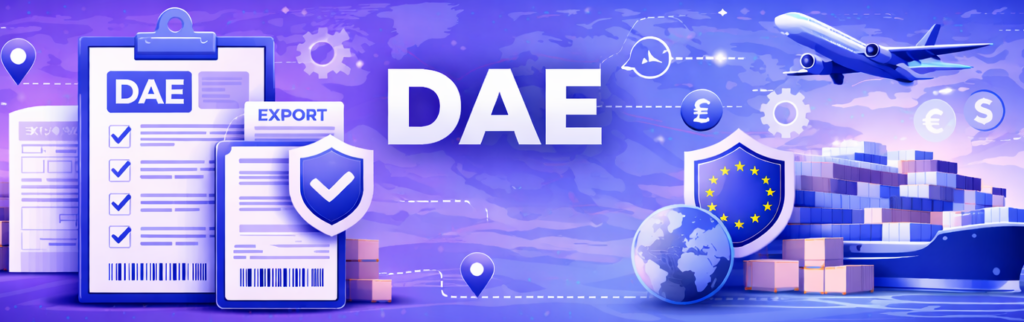 Banner sobre DAE, Documento de Acompañamiento de Exportación, con formulario aduanero, avión y buque de carga.