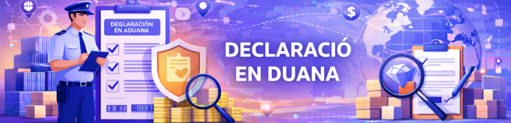 Il·lustració conceptual sobre la declaració en duana que mostra un oficial, documents de control amb marques de verificació, un globus terraqüi i mercaderies inspeccionades.