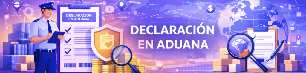 Ilustración conceptual sobre la declaración en aduana que muestra a un oficial, documentos de control con marcas de verificación, un globo terráqueo y mercancías inspeccionadas.