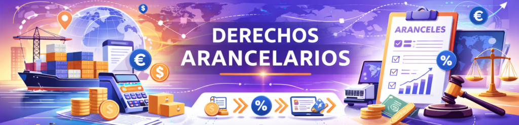 Ilustración conceptual sobre derechos arancelarios que muestra un buque de carga, un globo terráqueo, documentos de control, una balanza de la justicia y monedas de diversas divisas.