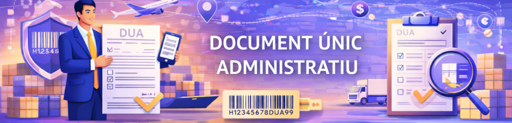 Il·lustració conceptual sobre el Document Únic Administratiu (DUA) que mostra un professional de logística, formularis amb codis de barres, un avió de càrrega i un camió.