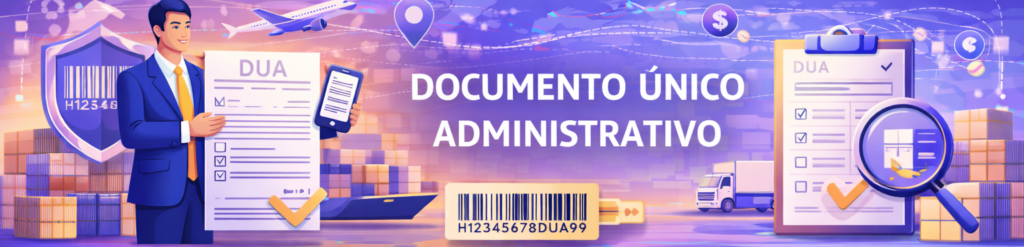 Ilustración conceptual sobre el Documento Único Administrativo (DUA) que muestra a un profesional de logística, formularios con códigos de barras, un avión de carga y un camión.