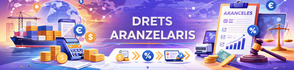 Il·lustració conceptual sobre drets aranzelaris que mostra un vaixell de càrrega, un globus terraqüi, documents de control, una balança de la justícia i monedes de diverses divises.
