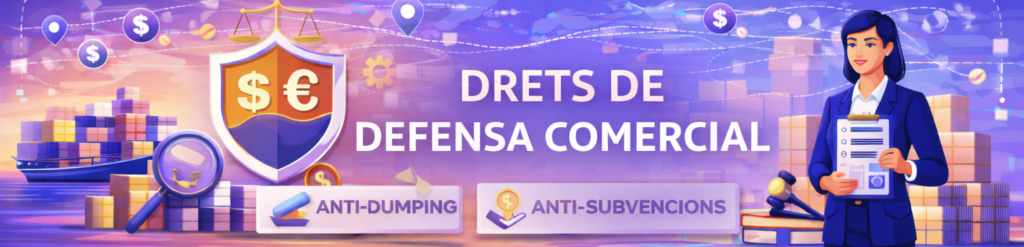 Bàner digital d'estil corporatiu sobre un fons violeta amb un mapa mundial tècnic. A la dreta, una dona de negocis o oficial de duanes sosté un porta-folis amb una llista de verificació. Al centre destaca un escut protector amb els símbols del dòlar ($) i l'euro (€), coronat per una balança de la justícia, simbolitzant l'equitat legal. Sota el títol principal "DERECHOS DE DEFENSA COMERCIAL", apareixen dues opcions: "ANTI-DUMPING" i "ANTI-SUBVENCIONES". A l'esquerra, un vaixell portacontenidors navega al costat d'una llupa que inspecciona caixes de mercaderia, representant el control i la supervisió del comerç internacional.