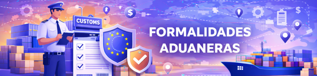Ilustración conceptual sobre trámites aduaneros que muestra a un oficial de aduanas, un barco de carga, la bandera de la Unión Europea y el texto "Formalidades Aduaneras".
