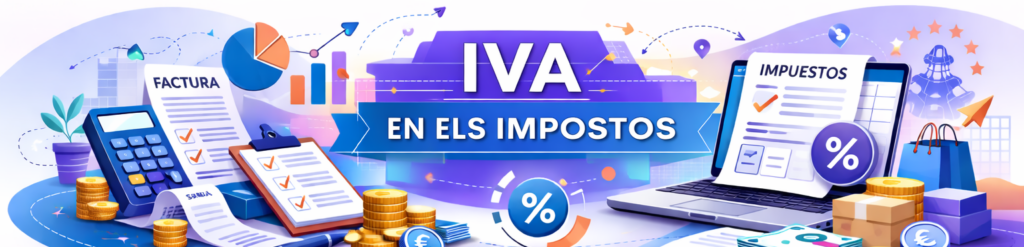 Il·lustració conceptual sobre l'IVA en els impostos que mostra una calculadora, factures, gràfics financers, monedes d'euro, un ordinador portàtil i paquets de compra.