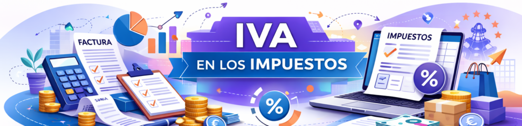 Ilustración conceptual sobre el IVA en los impuestos que muestra una calculadora, facturas, gráficos financieros, monedas de euro, un ordenador portátil y paquetes de compra.