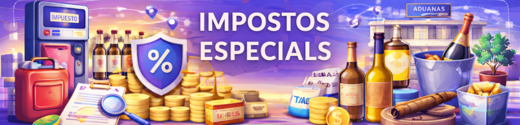 Il·lustració conceptual sobre els Impostos Especials que mostra alcohol, tabac, hidrocarburs, monedes d'or, un assortidor de gasolina i una oficina de duanes.