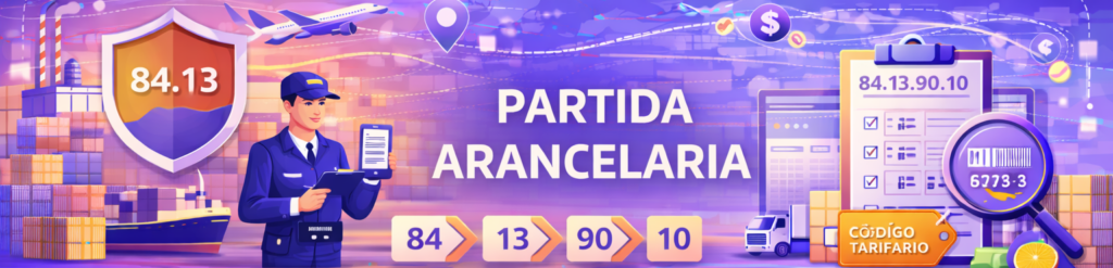 Ilustración conceptual sobre la clasificación arancelaria que muestra a un oficial de aduanas, códigos numéricos (84.13, 84.13.90.10), un puerto de carga, un avión y un camión.