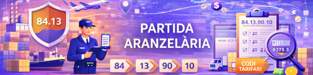 Il·lustració conceptual sobre la classificació duanera que mostra un oficial de duanes, codis numèrics (84.13, 84.13.90.10), un port de càrrega, un avió i un camió.