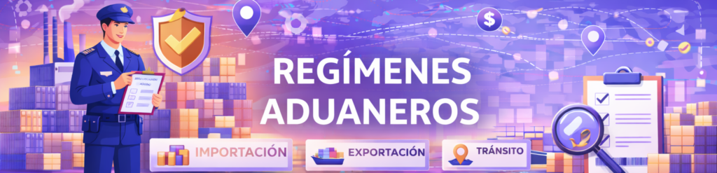 Ilustración conceptual sobre regímenes aduaneros que muestra a un oficial de aduanas, iconos de importación, exportación y tránsito, y un mapa logístico global.