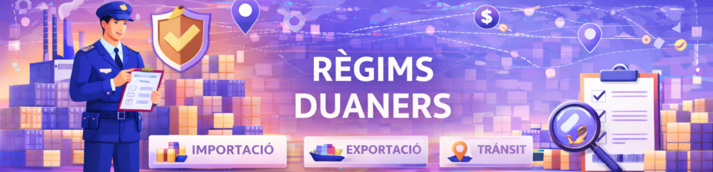 Il·lustració conceptual sobre règims duaners que mostra un oficial de duanes, icones d'importació, exportació i trànsit, i un mapa logístic global.