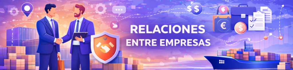 Ilustración conceptual sobre relaciones comerciales internacionales que muestra a dos empresarios dándose la mano, un buque de carga y símbolos de divisas.