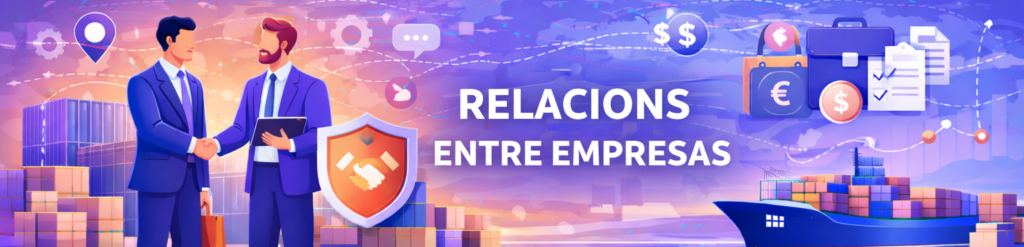 Il·lustració conceptual sobre relacions comercials internacionals que mostra dos empresaris donant-se la mà, un vaixell de càrrega i símbols de divises.