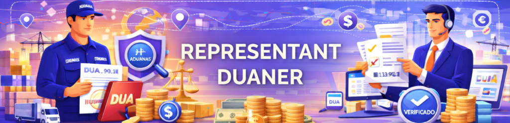 Il·lustració conceptual sobre la figura del representant duaner que mostra un oficial de duanes, un gestor amb auriculars, documents DUA, monedes d'or i una balança de la justícia.