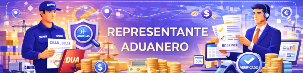Ilustración conceptual sobre la figura del representante aduanero que muestra a un oficial de aduanas, un gestor con auriculares, documentos DUA, monedas de oro y una balanza de la justicia.
