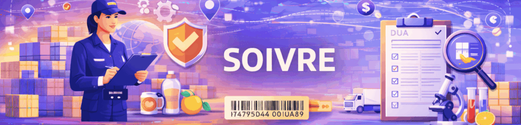 Ilustración conceptual sobre la inspección del SOIVRE que muestra a una oficial de aduanas, productos de alimentación, un documento DUA con el sello "Inspección Superada" y herramientas de laboratorio.