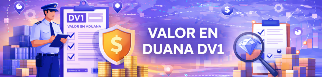 Il·lustració conceptual sobre la valoració duanera que mostra un oficial, una declaració DV1, monedes d'or i mercaderies sota una lupa.