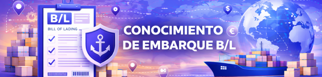 Ilustración conceptual sobre comercio internacional que muestra un documento de "Conocimiento de Embarque B/L", un buque portacontenedores, un globo terráqueo y símbolos de moneda.