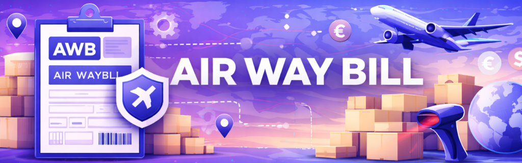 Banner sobre AIR WAY BILL con documento AWB, avión de carga, cajas y elementos de logística internacional.