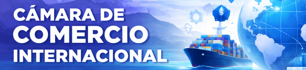 Bàner de la Cambra de Comerç Internacional amb un globus terraqüi i un vaixell portacontenidors, representant el comerç global.