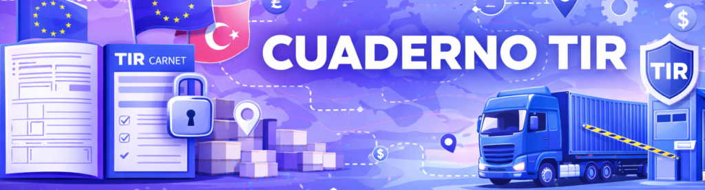 Bàner sobre quadern TIR amb camió internacional, document TIR i control duaner en transport per carretera.