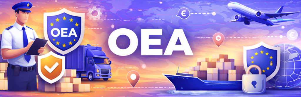 Banner sobre OEA con agente aduanero, escudo de certificación, camión, avión y buque de mercancías.