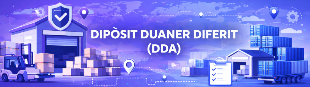 Bàner del Dipòsit Duaner Diferit (DDA) amb magatzem duaner, contenidors i símbols de diferiment d'impostos.