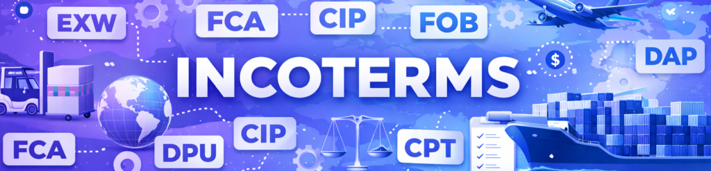 Banner sobre Incoterms con iconos de transporte marítimo, aéreo y terrestre, y termas comerciales internacionales destacados.
