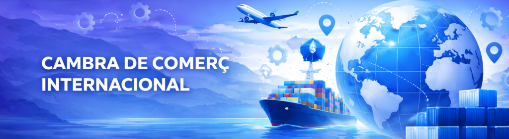 Bàner de la Cambra de Comerç Internacional amb un globus terraqüi i un vaixell portacontenidors, representant el comerç global.