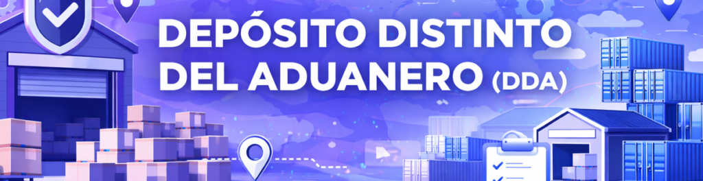 Bàner del Dipòsit Duaner Diferit (DDA) amb magatzem duaner, contenidors i símbols de diferiment d'impostos.